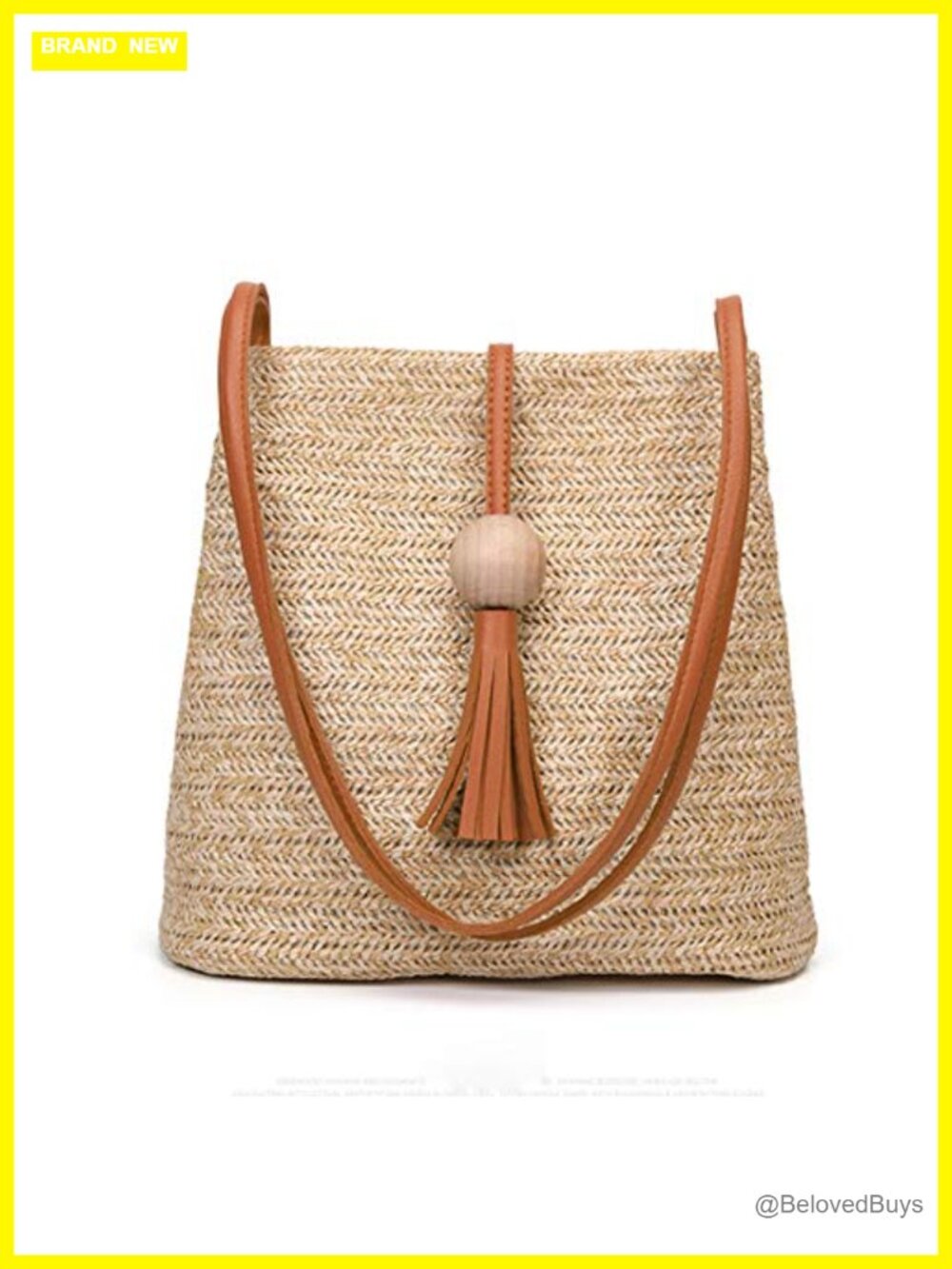 Handwoven Straw Tote Bag with Leather Tassel Summer Beach Crossbody Bucket Bag